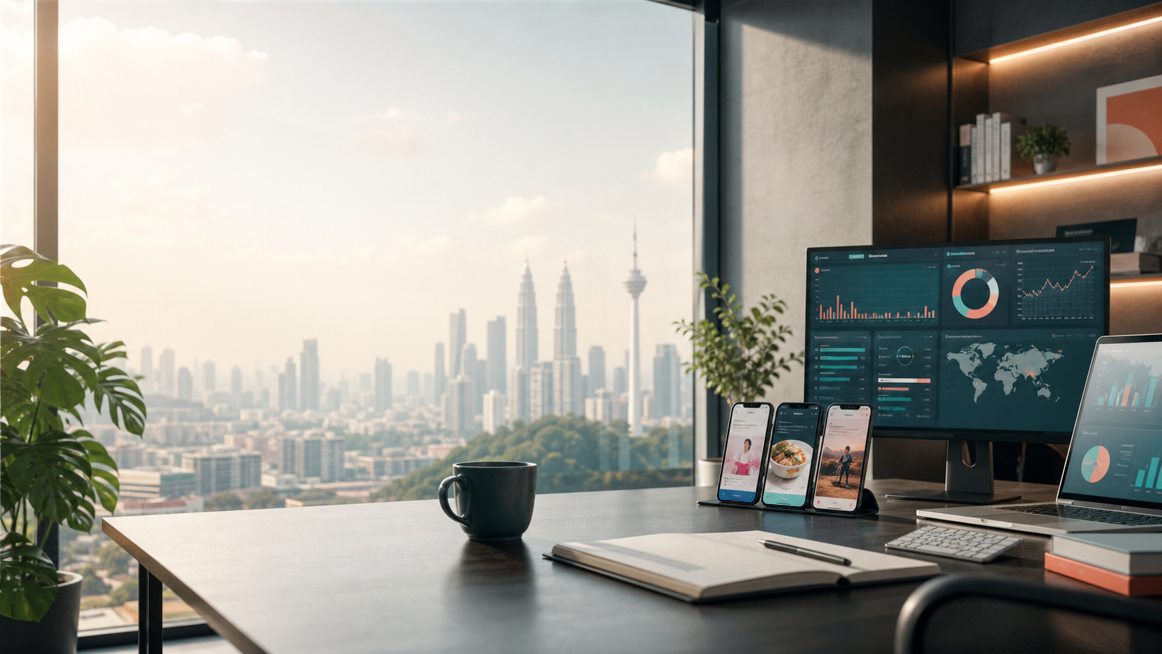 Modern digital marketing workspace with campaign screens